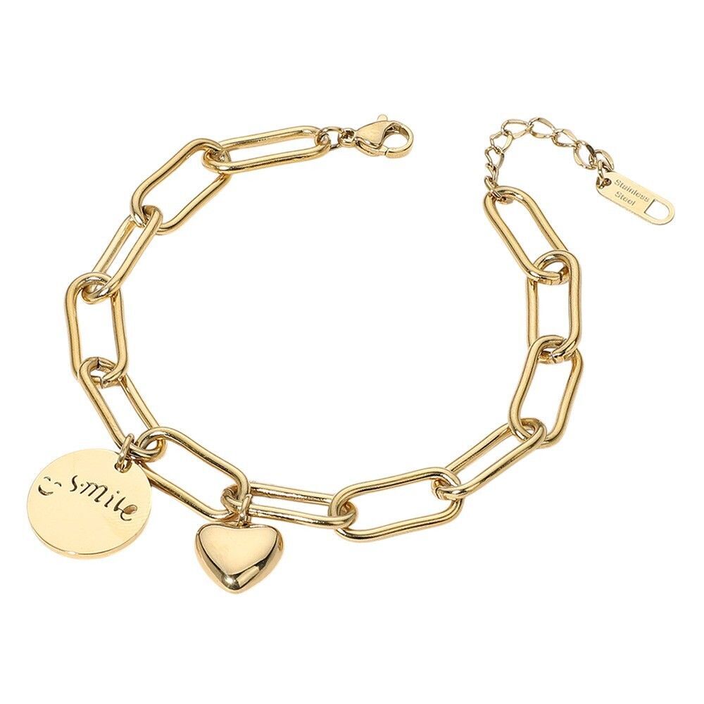 Smiley Face Heart Charm Paperclip Chain Bracelet Stainless Steel Women Gift